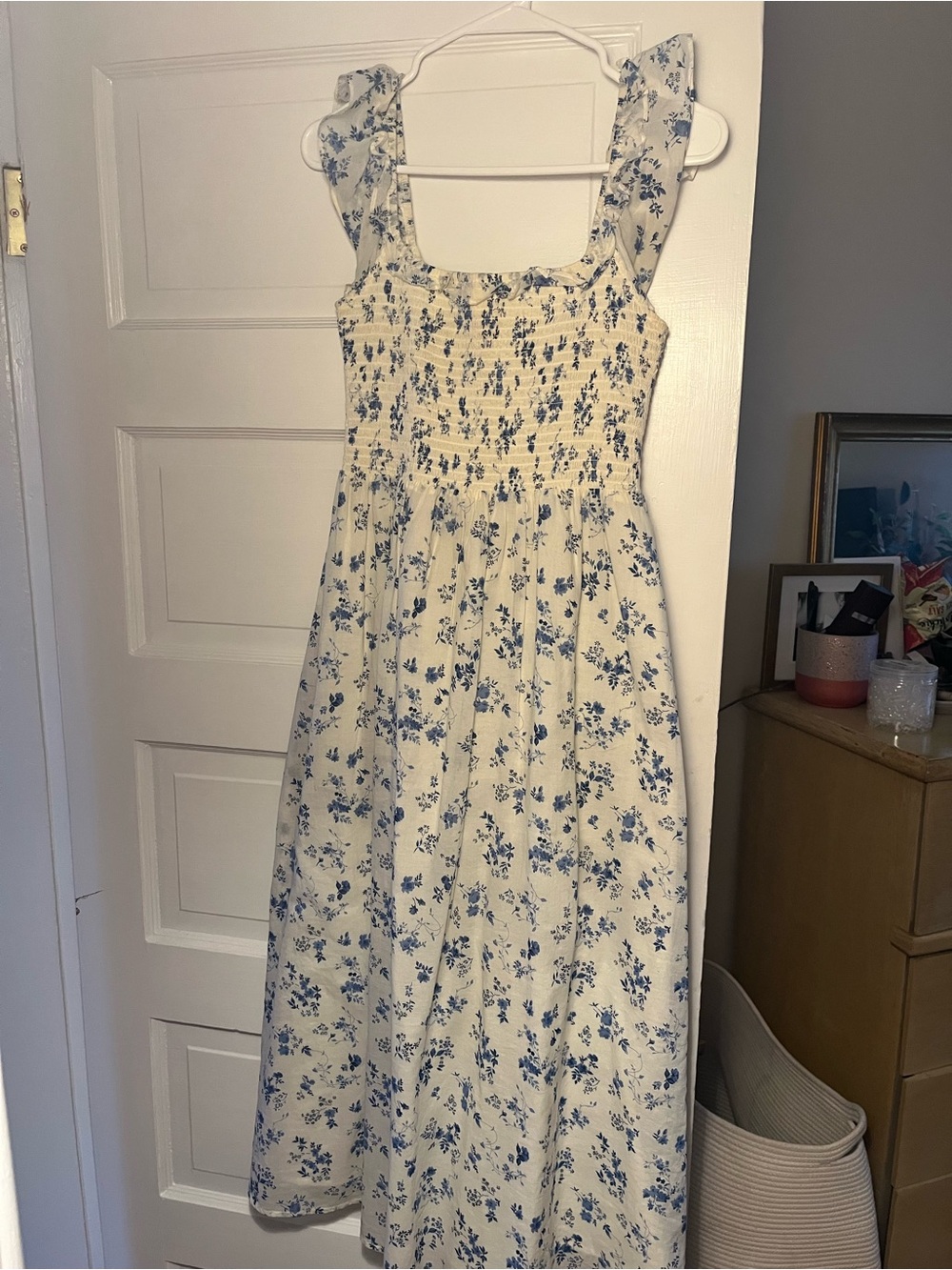 Reformation Cream Maxi Dress with Blue Floral Print